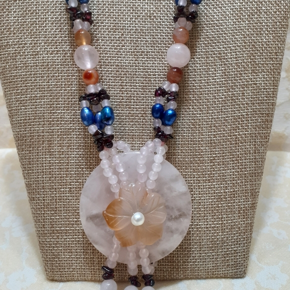 Multi semi-precious gemstone and pearl necklace - Picture 3 of 8